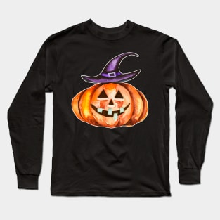 Halloween Jack-O-Lantern with Witch Hat Long Sleeve T-Shirt